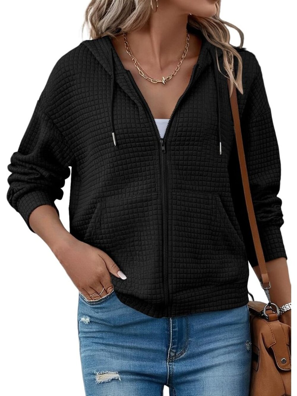 〽️Women's Black Zip Up Hooded Oversized Sweatshirt Fall Fashion Waffle Jacket